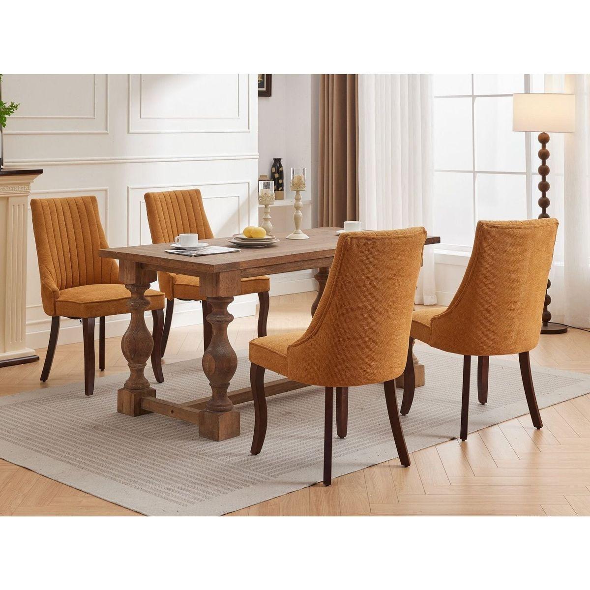 Rayon Cloth Flocking Linen Dining Chairs Channel Kitchen Dinner Chair Comfy Fabric Upholstered Accent Chair for Dining Room with Curved Solid Wood Legs,Set of 2 (Gold)