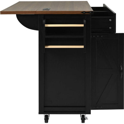 53.5"Farmhouse Kitchen Island with Power Outlet, Kitchen Storage Island with Drop Leaf, Spice Rack and Drawer, Rolling Kitchen Cart on Wheels, for Home, Kitchen and Dining Room, Black