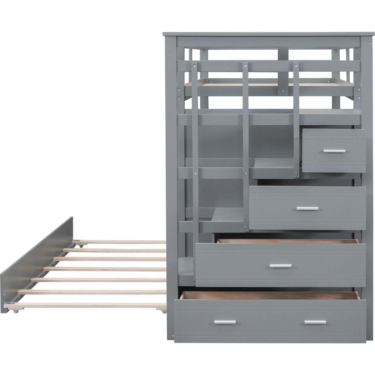 Twin Over Twin Bunk Bed with Trundle and Staircase,Gray