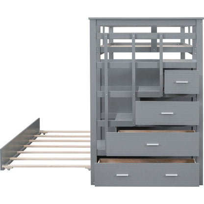 Twin Over Twin Bunk Bed with Trundle and Staircase,Gray