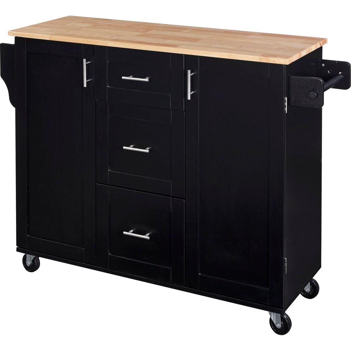 Rolling Kitchen Island with Storage, Kitchen Cart with Rubber Wood Top, 3 Drawer, 2 Slide-Out Shelf and Internal Storage Rack, Kitchen Island on Wheels with Spice Rack & Tower Rack, Black