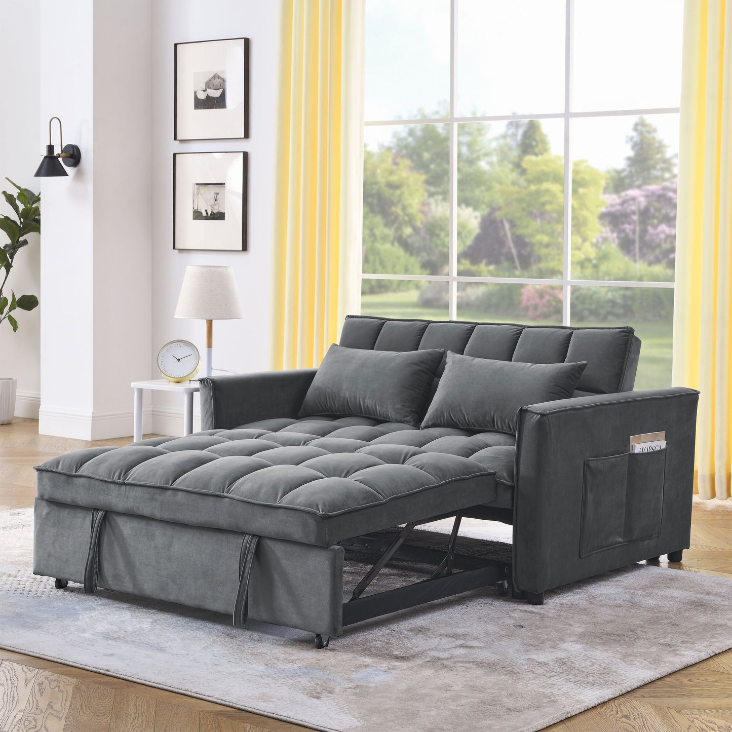 Sleeper Sofa, Convertible Sofa, Recliner, Bed, 3-in-1, 3-Position Adjustable Backrest, 2-Seater Sectional, Two Side Pockets, 2 Pillows for Living Room, Apartment, etc., Velvet Beige 54" Wide.