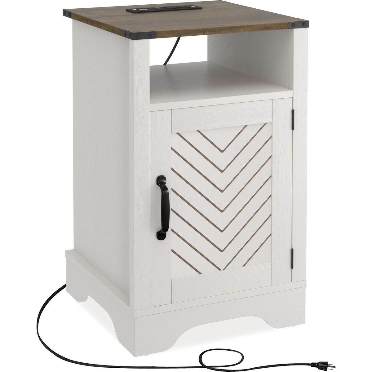 Farmhouse Nightstand Side Table, Wooden Rustic End Table, Tall Bedside Table with Electrical Outlets Charging Station - White & Oak