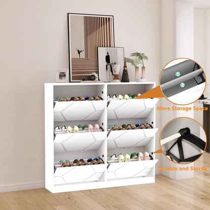 Shoe Storage Cabinet for Entryway, 6 Tiers Shoe Organizer with Carved Panels, Carving Shoe Closet,Vertical Shoe Cabinet for Front Door Entrance,Outdoor,Symmetric Design+White Finish