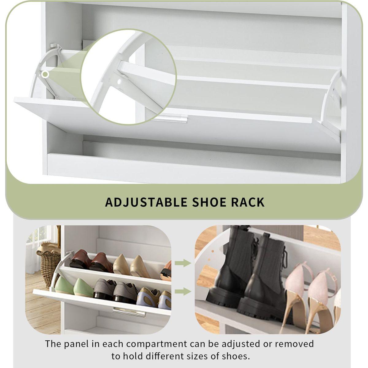 Slim Entryway Organizer with 2 Flip Drawers, Tempered Glass Top Shoe Storage Cabinet with Drawer, Free Standing Shoe Rack with LED Light for Hallway, White