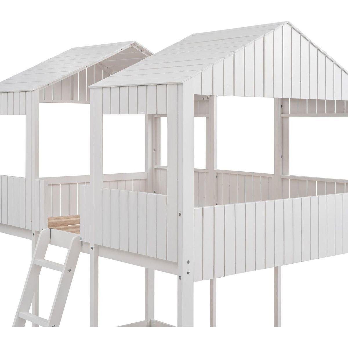Full Over Full WoodBunk Bed with Roof, Window, Guardrail, Ladder(White)