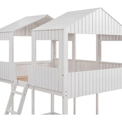 Full Over Full WoodBunk Bed with Roof, Window, Guardrail, Ladder(White)