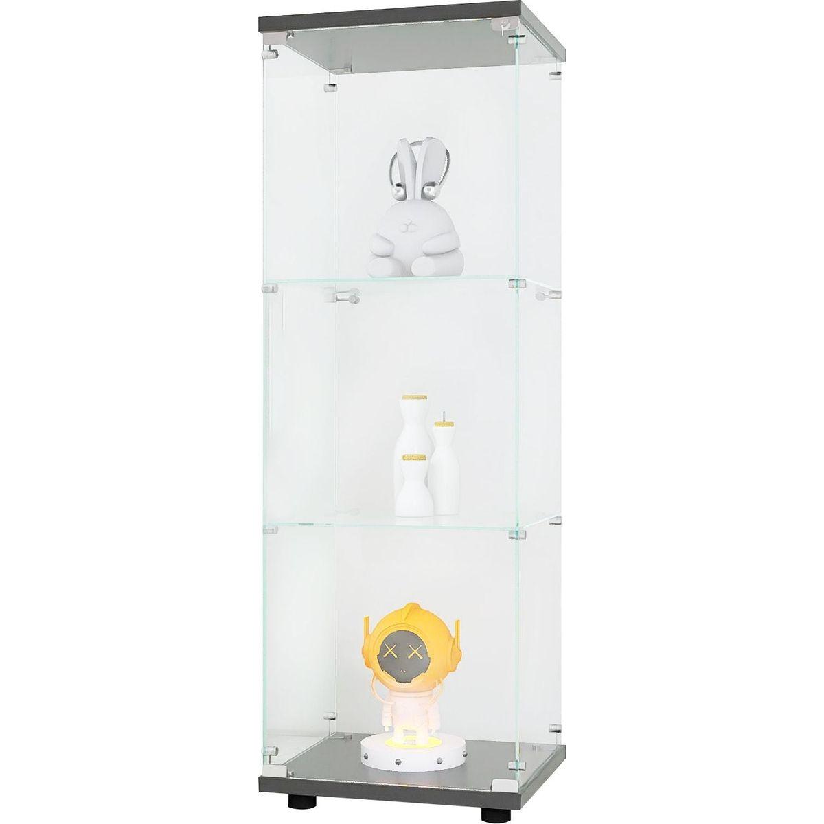 Glass Display Cabinet with 3 Shelves, One-Door Curio Cabinets for Living Room, Bedroom, Office, Black Floor Standing Glass Bookshelf, Quick Installation