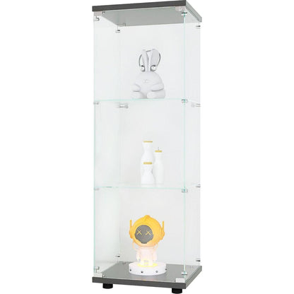 Glass Display Cabinet with 3 Shelves, One-Door Curio Cabinets for Living Room, Bedroom, Office, Black Floor Standing Glass Bookshelf, Quick Installation