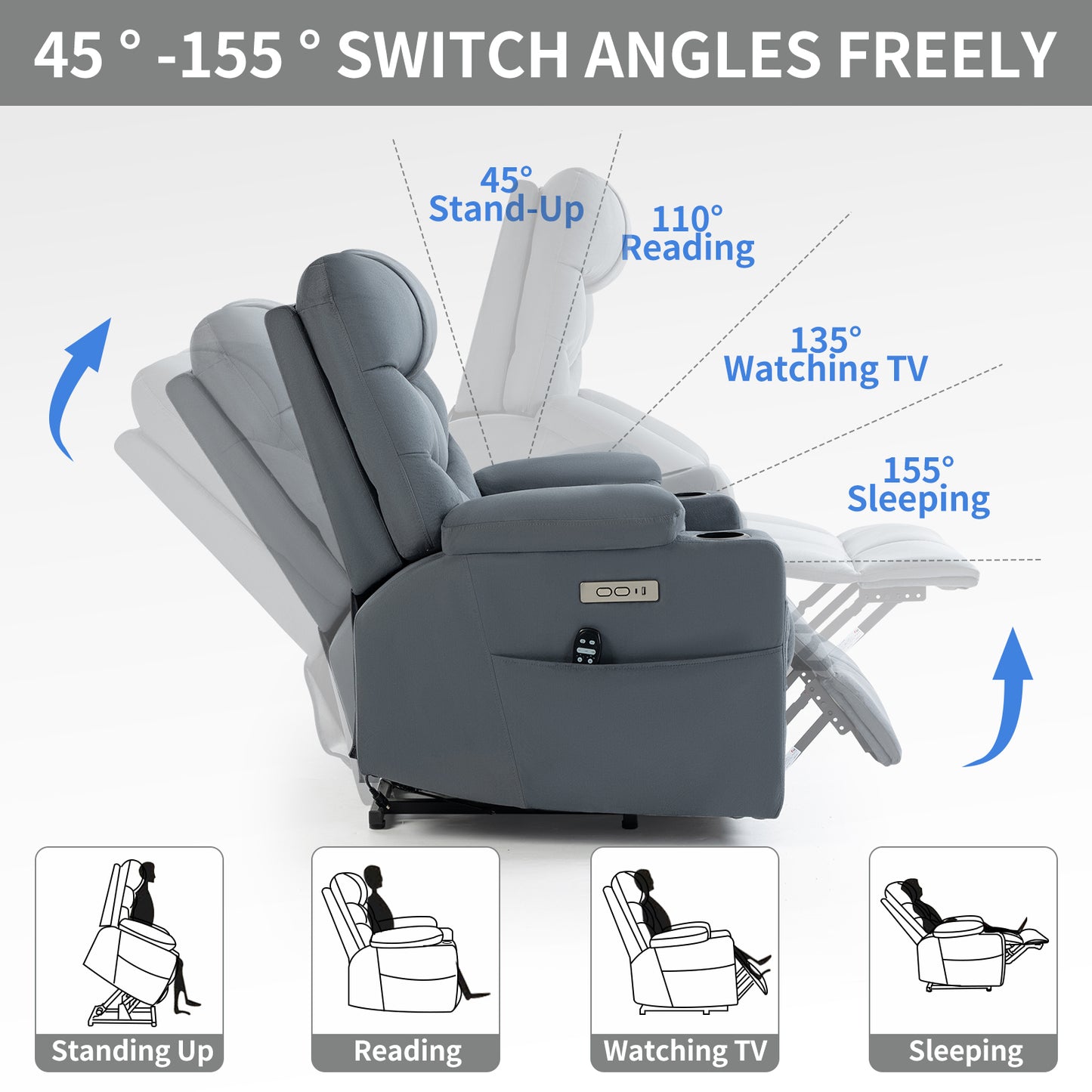 Okin Motor Up to 350 LBS Power Lift Recliner Chair, Heavy Duty Motion Mechanism with 8-Point Vibration Massage and Lumbar Heating, Cup Holders, USB and Type-C Ports, Removable Cushions, Blue