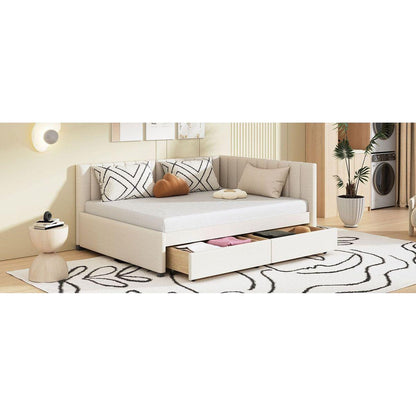 Full Size Upholstered Daybed with 2 Storage Drawers Sofa Bed Frame No Box Spring Needed, Linen Fabric (Beige)