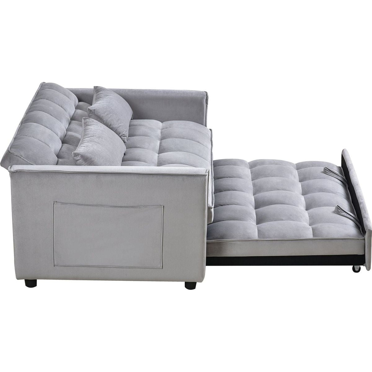 3 in 1 Convertible Sleeper Sofa Bed, Modern Pull Out Couch Bed, Adjustable Backrest, Velvet Loveseat Futon Sofa with Pillows & Pockets for Living Room Apartment, Grey