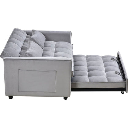 3 in 1 Convertible Sleeper Sofa Bed, Modern Pull Out Couch Bed, Adjustable Backrest, Velvet Loveseat Futon Sofa with Pillows & Pockets for Living Room Apartment, Grey