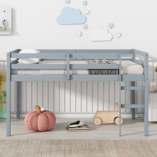 Solid Wooden, Rubber Wooden Twin Loft Bed with Ladder, Bed Platform of Strengthened Slats, Grey - Streamdale Furniture