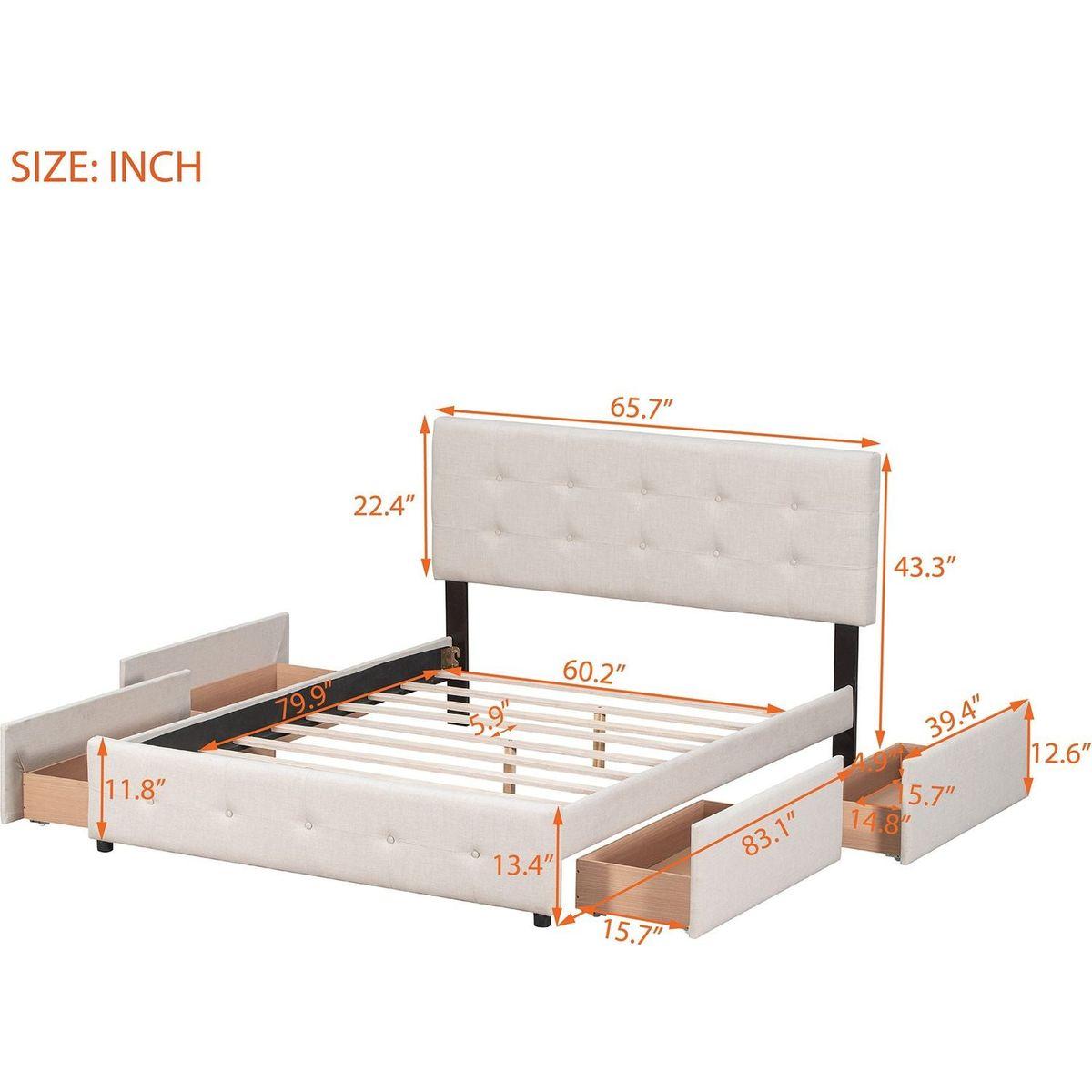 Upholstered Platform Bed with Classic Headboard and 4 Drawers, No Box Spring Needed, Linen Fabric, Queen Size Beige