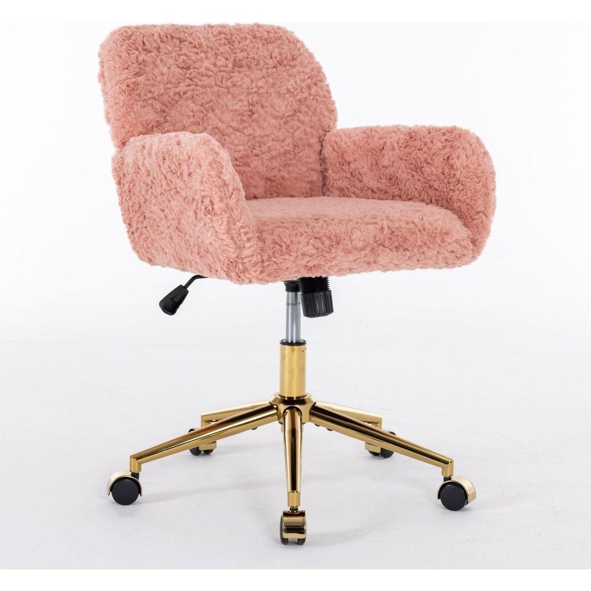 Office Chair,Artificial rabbit hair Home Office Chair with Golden Metal Base,Adjustable Desk Chair Swivel Office Chair,Vanity Chair(Pink)