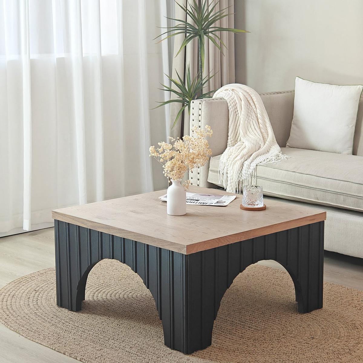 Modern Rustic Wooden Coffee Table with Black Base 鈥?Solid Wood Top and Arch Design Legs, Perfect for Living Room, Office, or Lounge