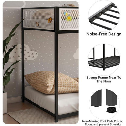 Adam Twin Twin Bunk Black with White Mesh Guard Rail for Kids and Adult, Low Profile and Easy Climbing with Stable Ladder