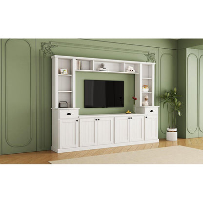 Minimalist Entertainment Wall Unit Set with Bridge for TVs Up to 75", Ample Storage Space TV Stand with Adjustable Shelves, Modernist Large Media Console for Living Room, White