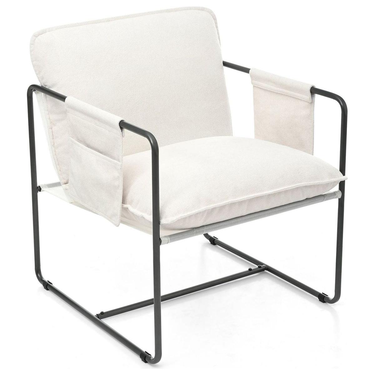 2 Sets 1 Case, Upholstered hanging armchair with arm pocket metal frame, crushed foamcushions and skin-friendly braid for living room and bedroom. White color