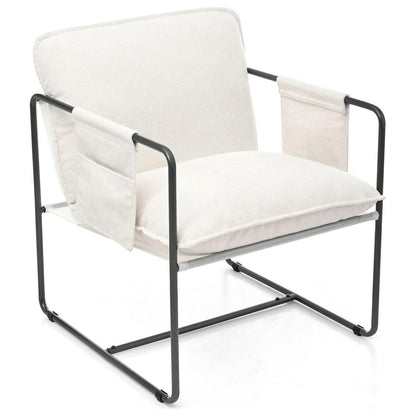 2 Sets 1 Case, Upholstered hanging armchair with arm pocket metal frame, crushed foamcushions and skin-friendly braid for living room and bedroom. White color