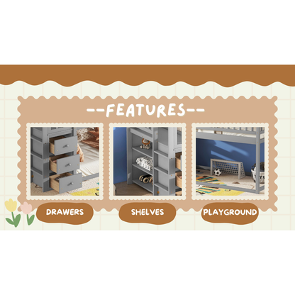 TWIN/TWIN HOUSE BUNK BED WITH SHELVES AND DRAWERS FOR GREY COLOR