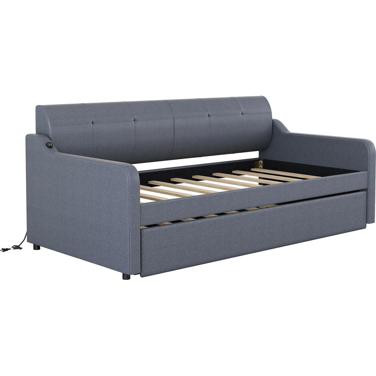Twin Size Upholstery DayBed with Trundle and USB Charging Design,Trundle can be flat or erected,Gray