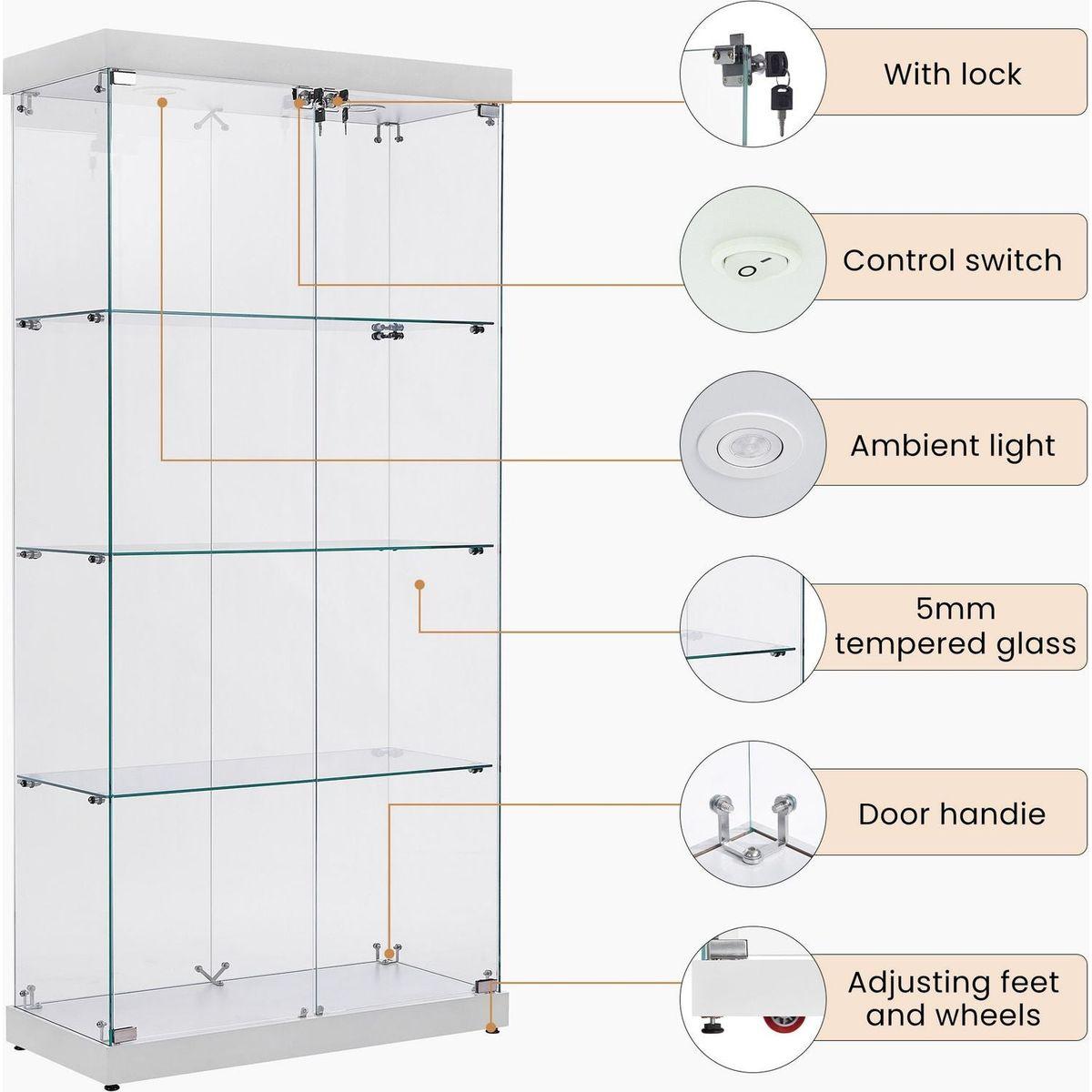 4-Tier Glass Display Cabinet, Double Door Glass Cabinet, Four Partitions, Two Locks, Floor Standing Storage Cabinet for Living Room, Bedroom, Showroom and Office, White, 31.5"L x 14.2"W x 66.3"H