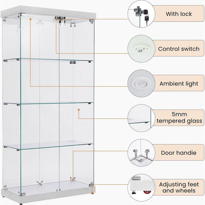 4-Tier Glass Display Cabinet, Double Door Glass Cabinet, Four Partitions, Two Locks, Floor Standing Storage Cabinet for Living Room, Bedroom, Showroom and Office, White, 31.5"L x 14.2"W x 66.3"H