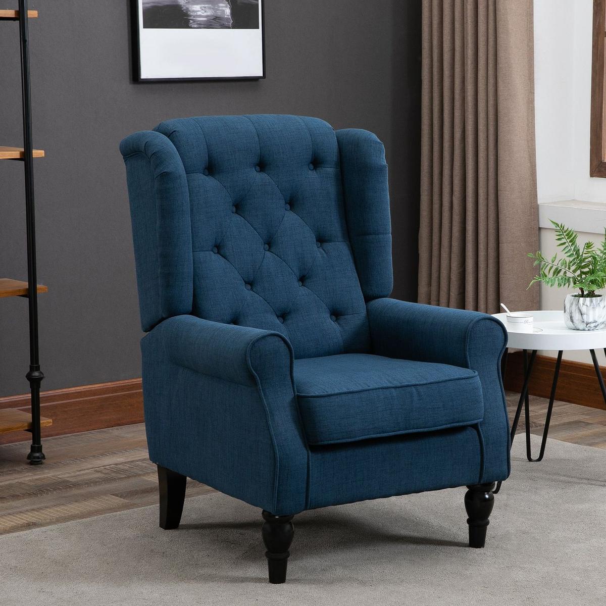 Button-Tufted Accent Chair with High Wingback, Rounded Cushioned Armrests and Thick Padded Seat, Blue