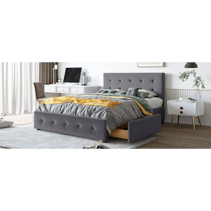 Upholstered Platform Bed with Classic Headboard and 4 Drawers, No Box Spring Needed, Linen Fabric, Queen Size Dark gray