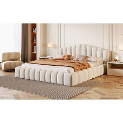 Velvet Upholstered Queen BED Frame Shell-Shaped Headboard for Bedroom,No Box Spring Needed,Beige