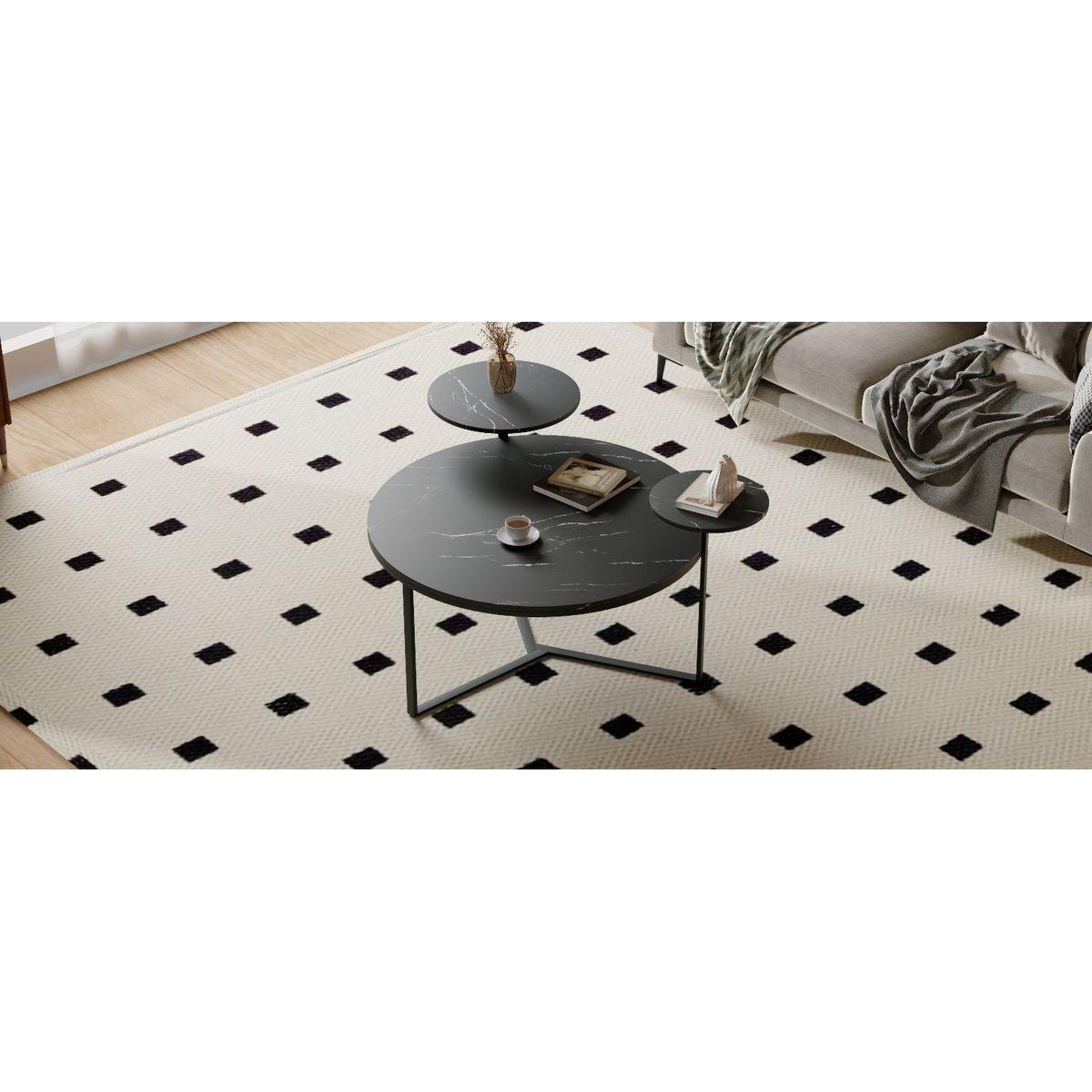 Modern coffee table with two display shelves, Black Faux marble surfaces, Tripod-inspired base,Rounded tabletop edges
