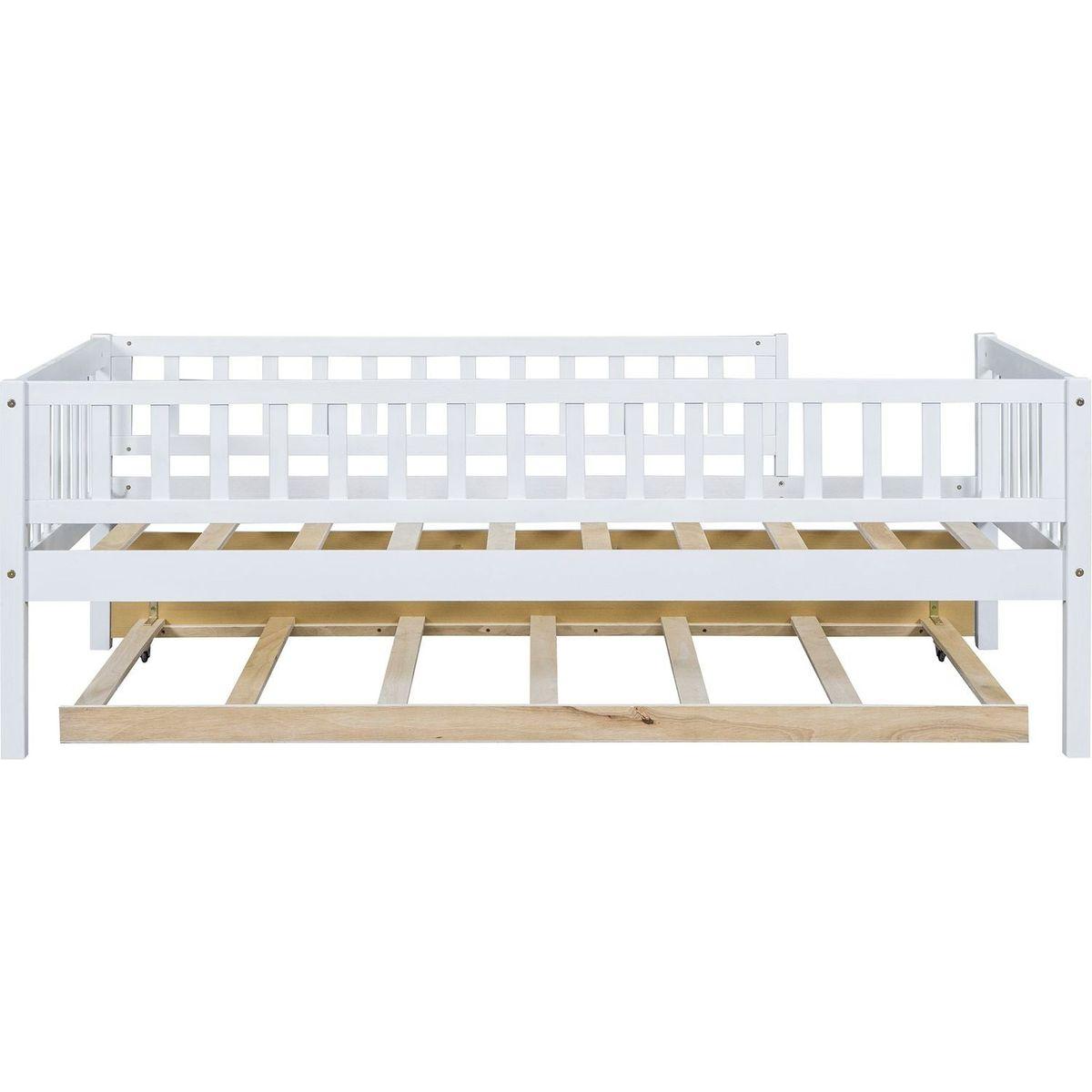 Twin Size Wood Daybed with Trundle and Fence Guardrails, White