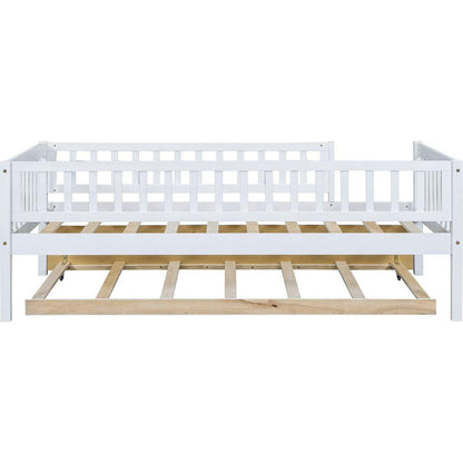 Twin Size Wood Daybed with Trundle and Fence Guardrails, White