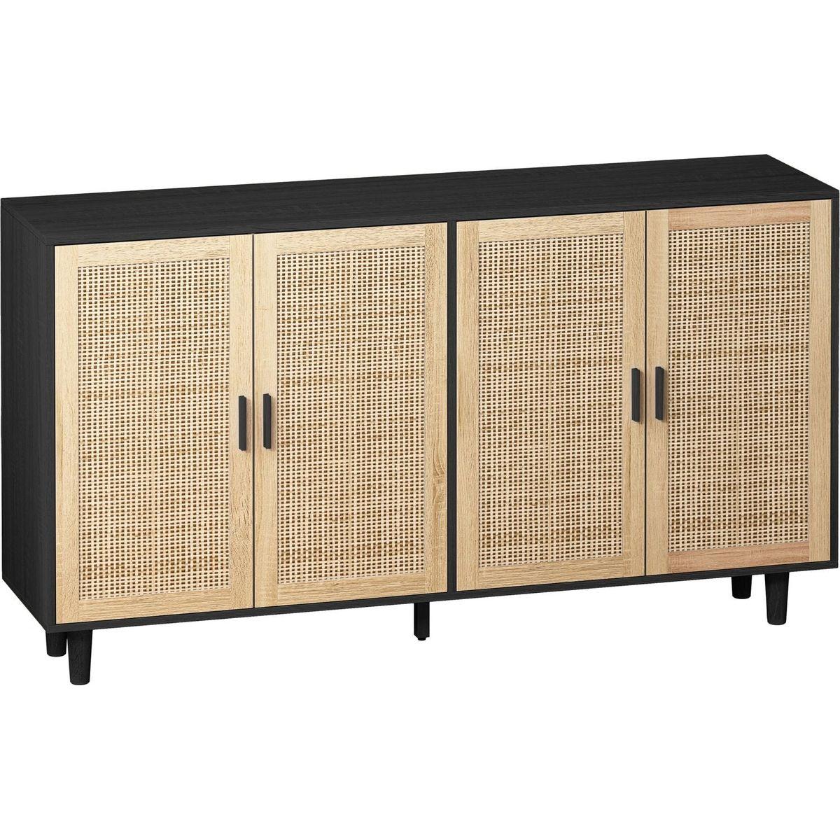 62.20"Elegant and Functional 4-Door Rattan Decorative Storage Cabinet,for Bedroom,Living Room,Office,Easy Assembly,Black