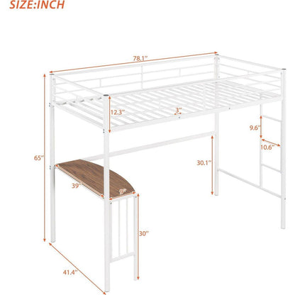 Twin Metal Bunk Bed with Desk, Ladder and Guardrails, Loft Bed for Bedroom, White