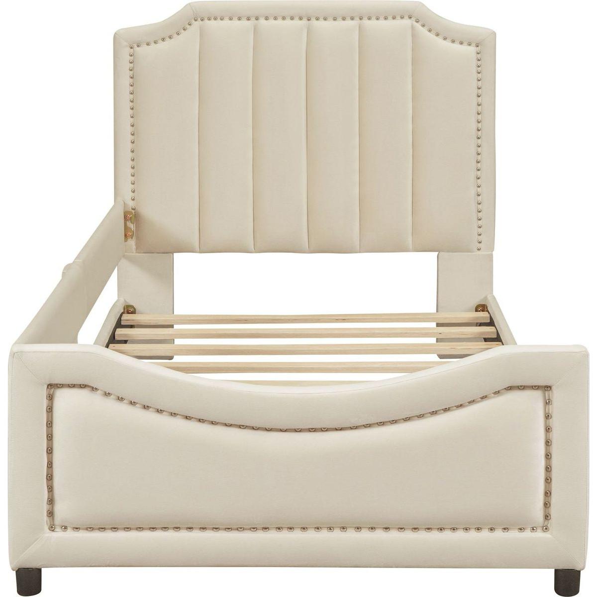 Twin Size Upholstered Daybed with Classic Stripe Shaped Headboard, Beige