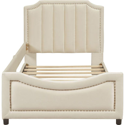 Twin Size Upholstered Daybed with Classic Stripe Shaped Headboard, Beige