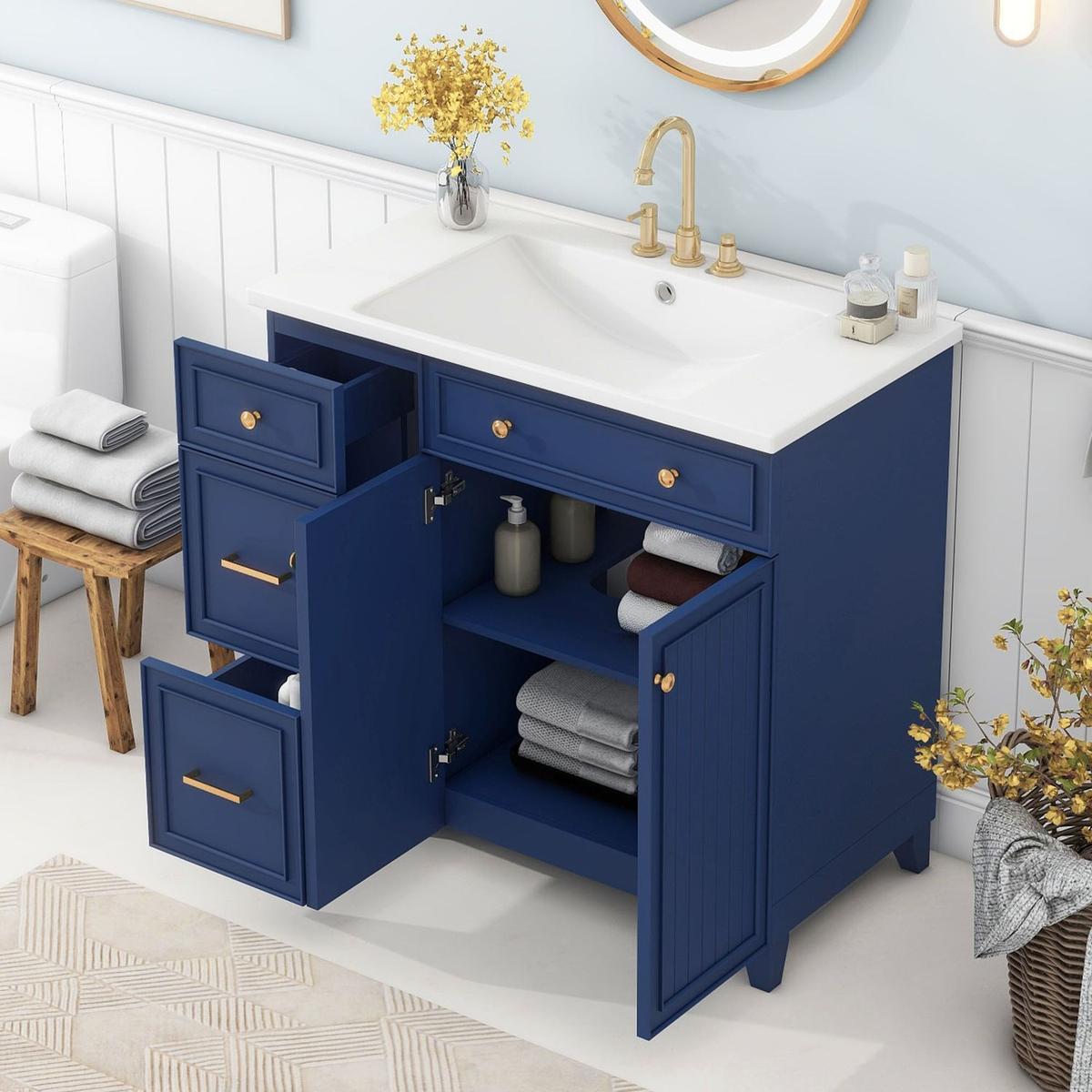 36-inch Bathroom Vanity, Transitional Style Bathroom Cabinet with Resin Sink, Navy Blue Single Bathroom Cabinet, with 2 Drawers and 1 Adjustable Storage Shelf, 2 Soft-close Doors