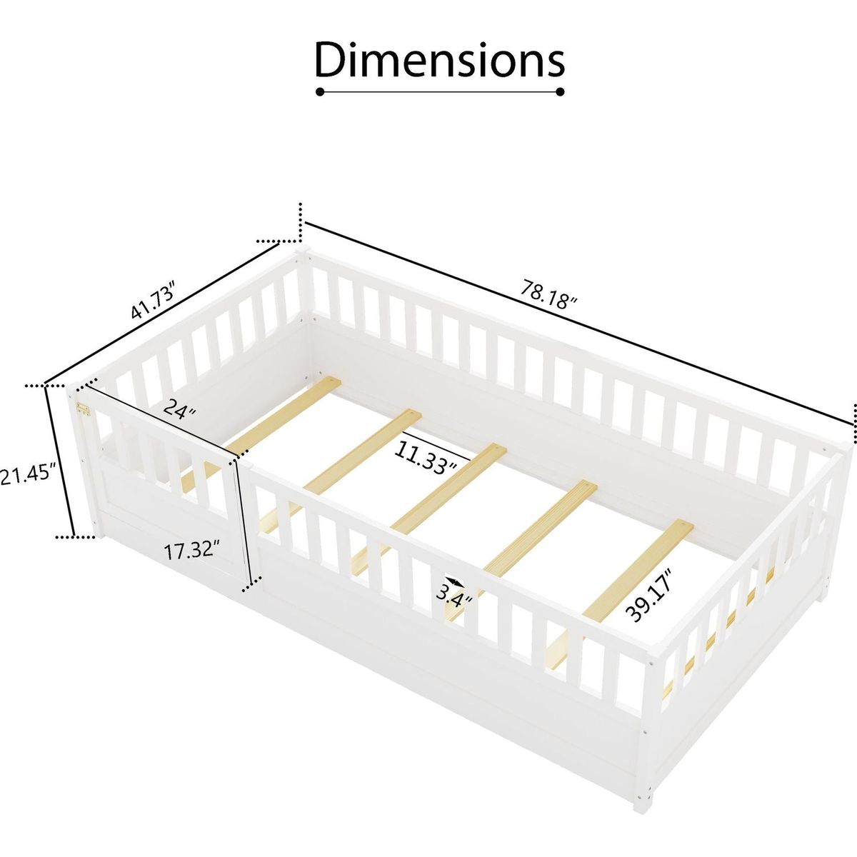 Twin Size Floor bed, integral construction with super high security barrier, door, children's floor bed frame, Montessori wooden children's floor bed, Support slat white