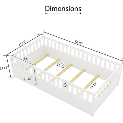 Twin Size Floor bed, integral construction with super high security barrier, door, children's floor bed frame, Montessori wooden children's floor bed, Support slat white