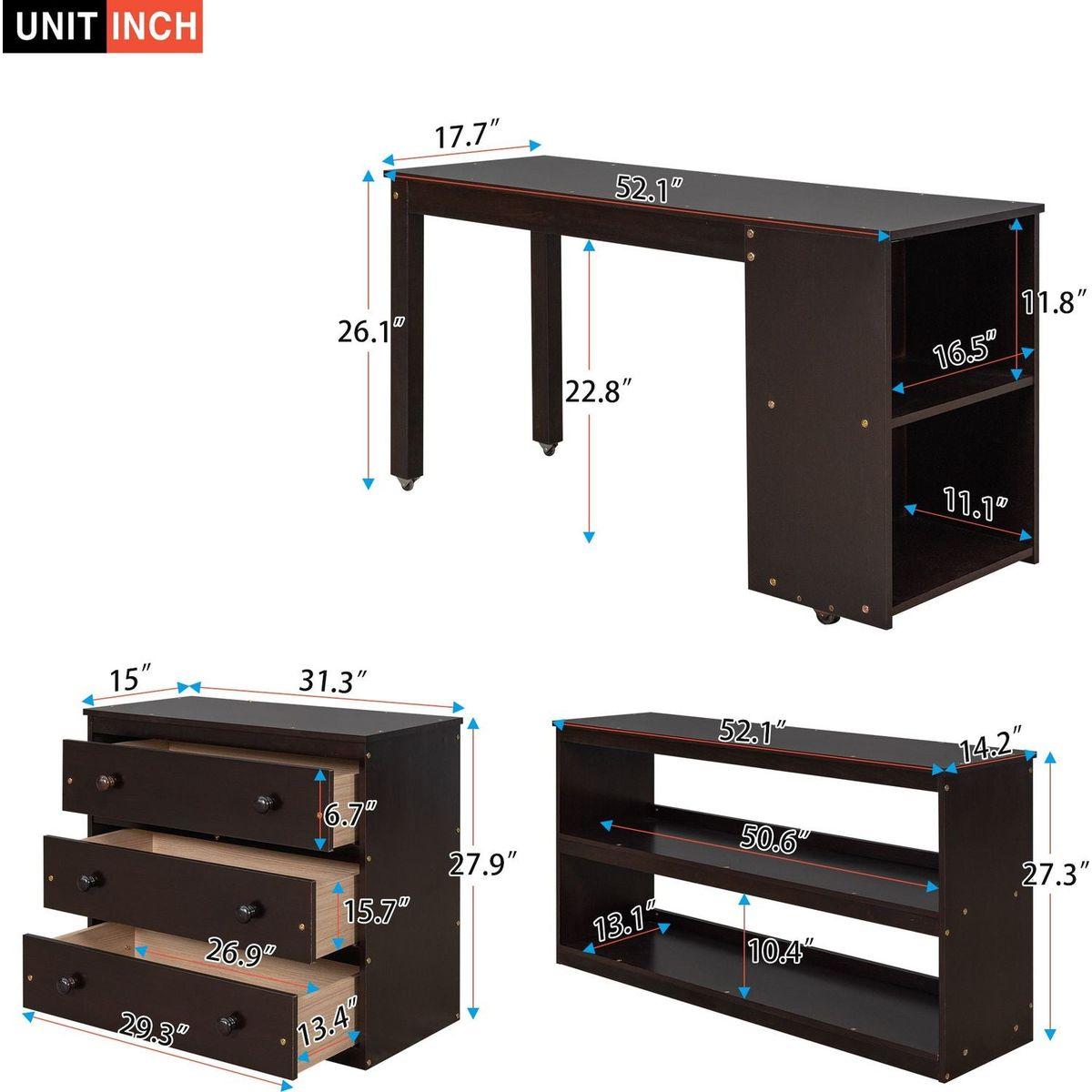 Low Study Full Loft Bed with Cabinet, Shelves and Rolling Portable Desk, Multiple Functions Bed- Espresso