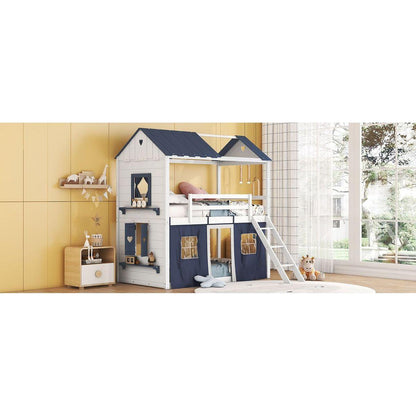 Twin Size Bunk Wood House Bed with Elegant Windows, Sills and Tent, Blue+White