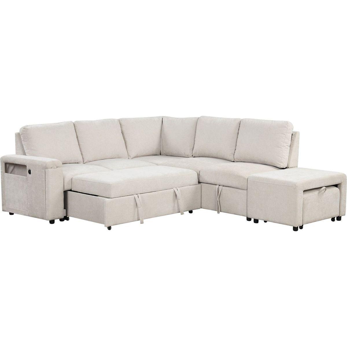 L-shaped Padded Modular Sofa with Storage Space, USB Ports, and Cup Holders on the Armrests, Suitable for Living Rooms, Offices, and Apartments.