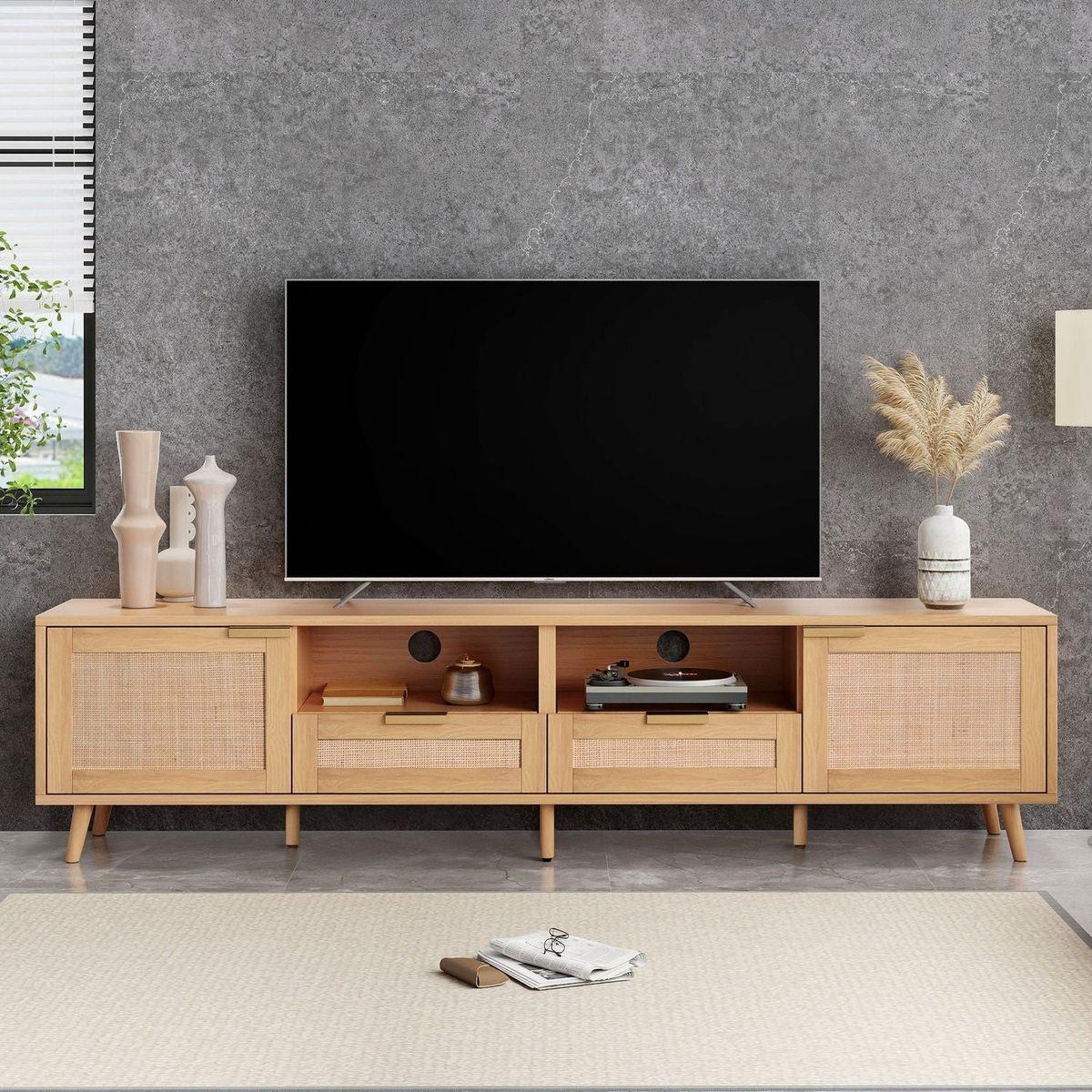 Rattan TV Stand for TVs up to 85", Modern Farmhouse Media Console, Entertainment Center with Solid Wood Legs, TV Cabinet for Living Room,Home Theatre