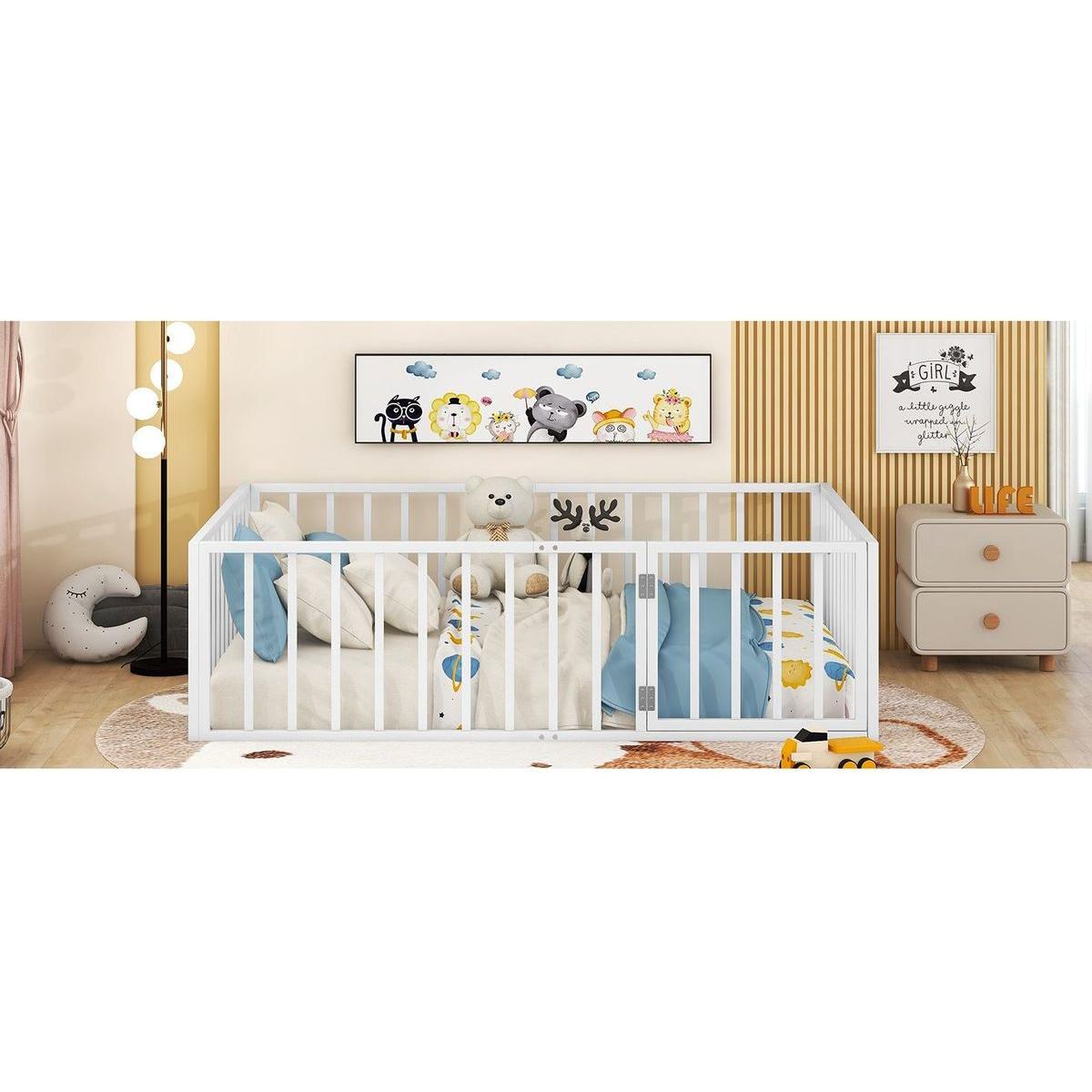 Full Size Metal Floor Bed Frame with Fence and Door, White