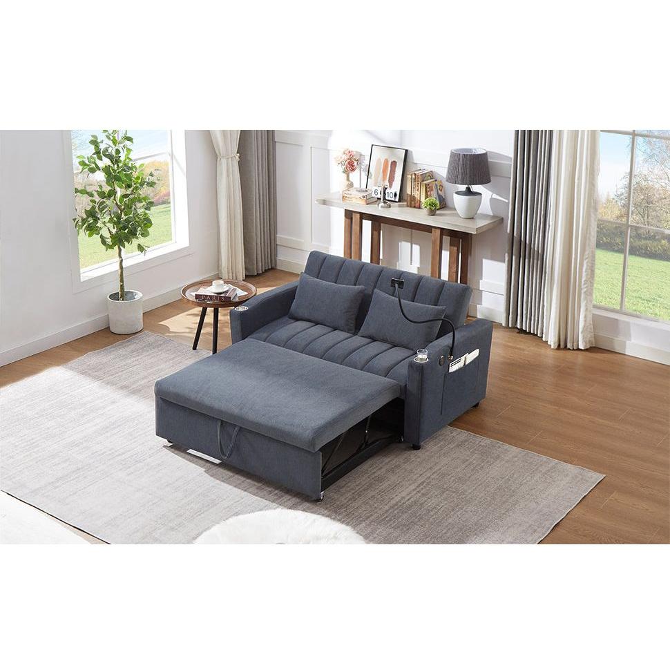55.9" Convertible Sofa Bed Loveseat Sofa with Three USB Ports, Two Side Pockets, Two Cup Holders and 360Swivel Phone Holder for Living Room, Blue Grey