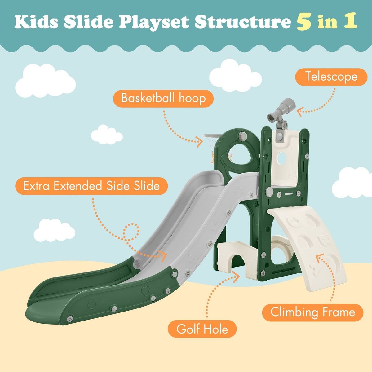 Kids Slide Playset Structure 5 in 1, Freestanding Spaceship Set with Slide, Telescope and Basketball Hoop, Golf Holes for Toddlers, Kids Climbers Playground