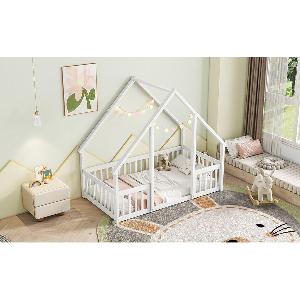 Twin Wood House-Shaped Floor Bed with Fence, Guardrails, White
